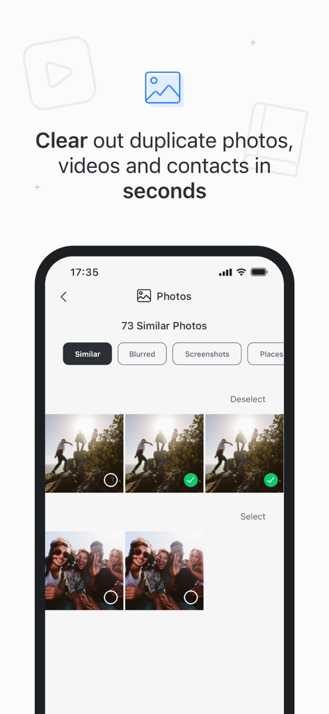 Interface do aplicativo TotalAV mostrando como limpar fotos e vídeos duplicados para liberar armazenamento