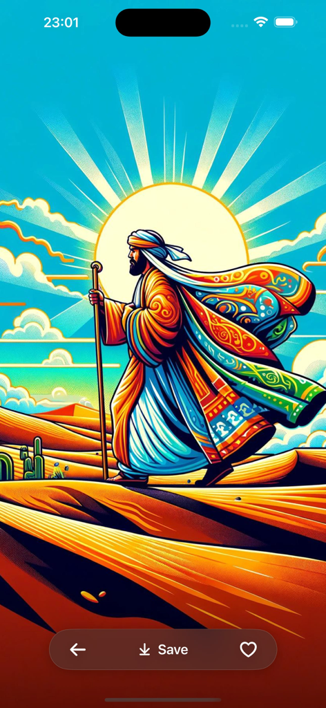 A vibrant illustration of a robed figure walking across desert dunes with a stylized sun and clouds in the background