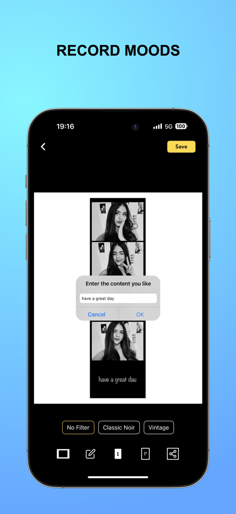 VividBooth - PhotoBooth Camera - Smartphone interface of VividBooth app displaying a black and white photo strip with a custom text entry box.
