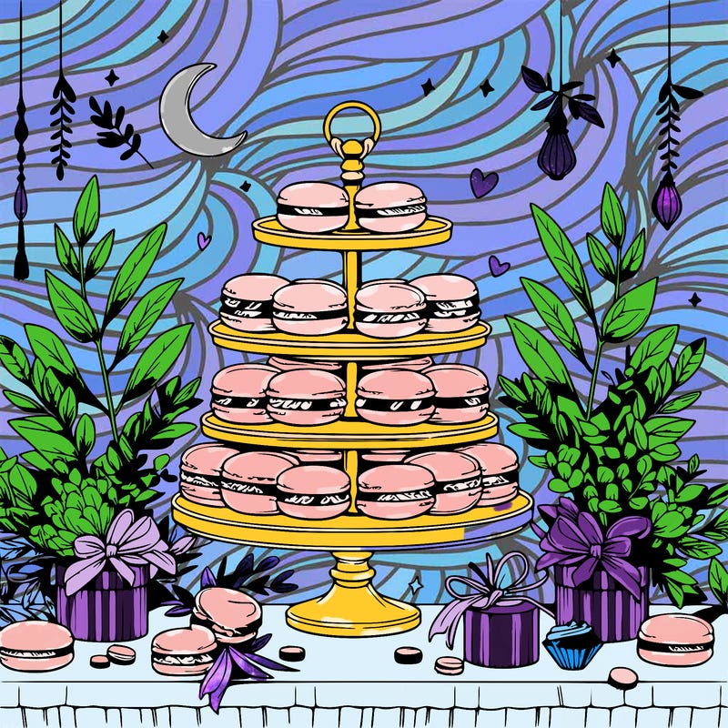 macaron display on a beautiful elegant table with eucalyptus leaves around it and small trinkets