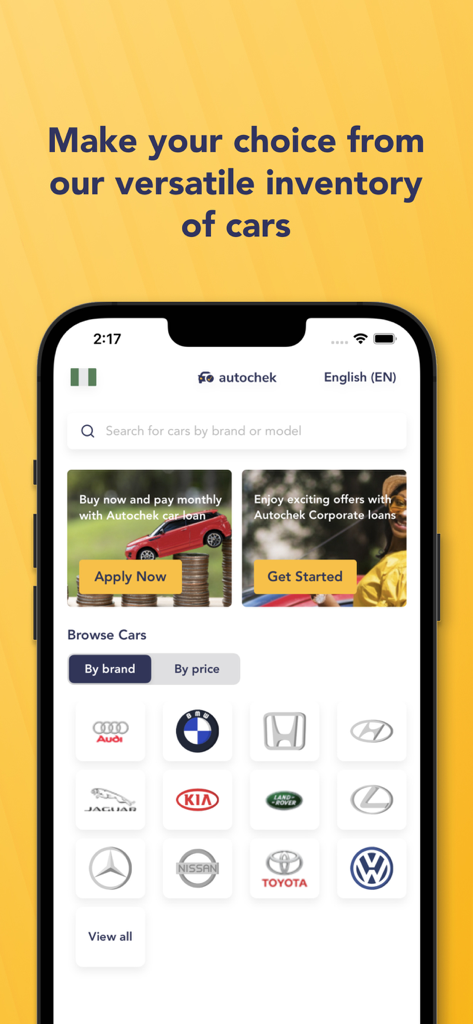 Autochek - Schermata dell'app mobile Autochek che mostra loghi di marche di auto e opzioni di prestito
