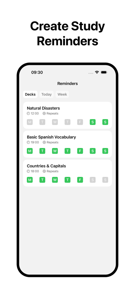 BrainDeck: AI Flashcards - BrainDeck app interface showing scheduled study reminders for flashcard decks like Spanish Vocabulary and Countries and Capitals