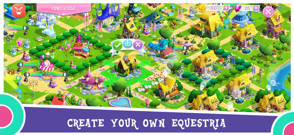 Gameplay screenshot of My Little Pony Magic Princess showing a colorful town building interface in Ponyville