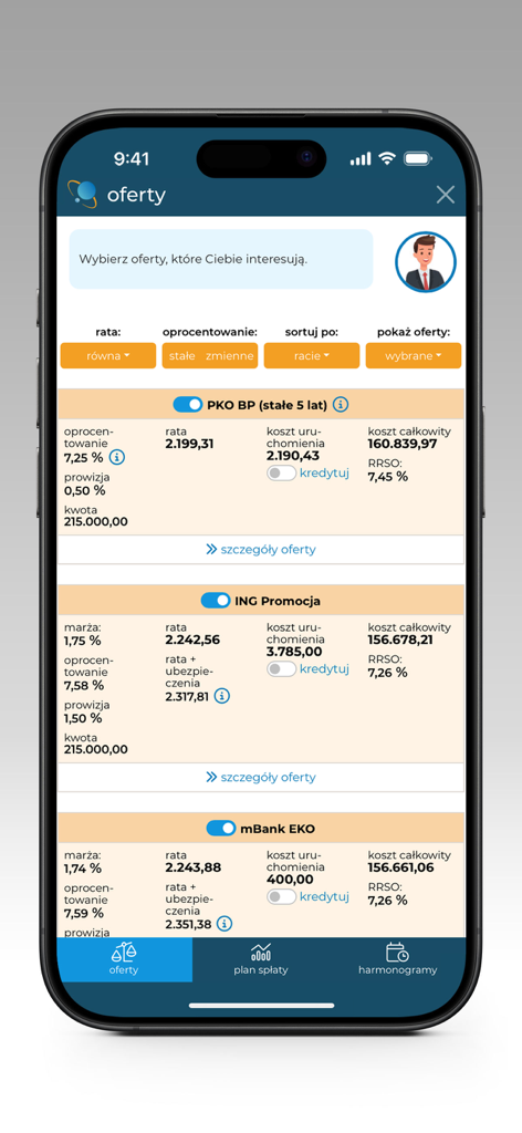 CreditSpace - CreditSpace mobile app screen comparing various bank loan offers with details on interest rates and monthly payments.