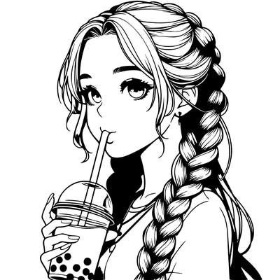 realistic girl with braided hair drinking boba