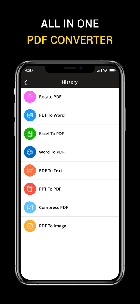 Uma tela de smartphone exibindo várias ferramentas de conversão de PDF, como PDF para Word e Excel para PDF