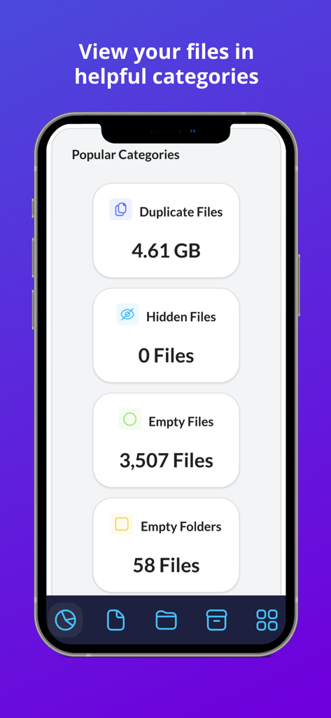 Filerev app screen showing storage categories including duplicate files hidden files and empty folders to help organize Google Drive