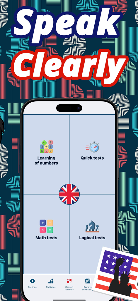 Numbers in English language - Menu principal do aplicativo Números em Inglês mostrando os modos de teste de matemática e lógica de aprendizado.