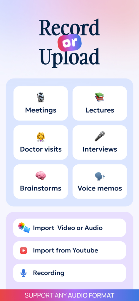 Notik: AI Note Taker - Interface of the Notik app showing options to record or upload audio for meetings lectures and brainstorms