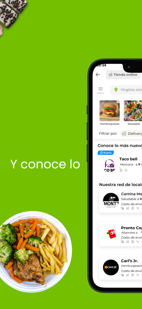 Smartphone affichant l'application Amipass avec des listes de restaurants et un repas sain sur un fond vert.