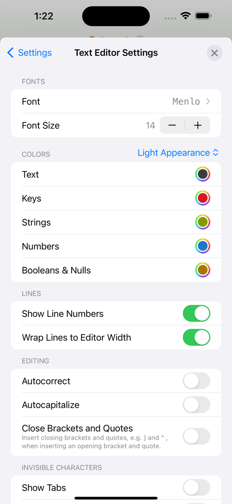 JSON Editor Mobile - JSON Editor Mobile의 텍스트 편집기 설정 화면으로, 글꼴 및 색상 사용자 지정 옵션 표시