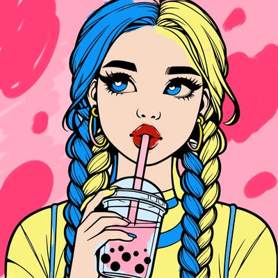 realistic girl with braided hair drinking boba