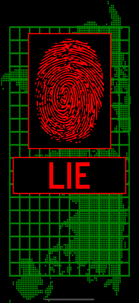 Lie Detector Fingerprint Scan - 녹색 디지털 그리드 배경에 빨간색 지문과 '거짓' 결과가 표시된 거짓말 탐지기 지문 스캔 앱의 인터페이스