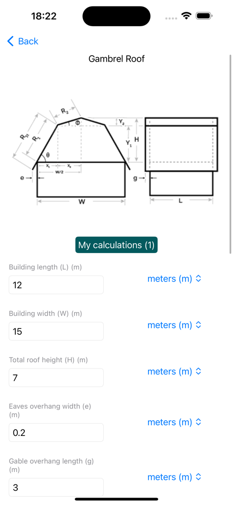 Construction Roofing calc - Technical interface for calculating gambrel roof dimensions with input fields for building length, width, and height