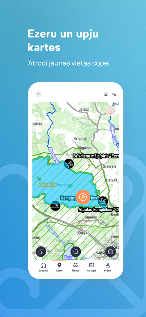 Mana Cope - Mana Cope mobile app showing a detailed fishing map of lakes and rivers in Latvia with points of interest