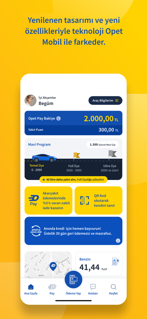 Opet Mobil app dashboard showing Opet Pay balance loyalty rewards and fuel prices