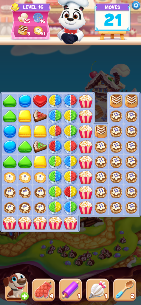 Captura de tela da jogabilidade do Cookie Jam mostrando o Chef Panda e um tabuleiro de quebra-cabeça com biscoitos e doces coloridos