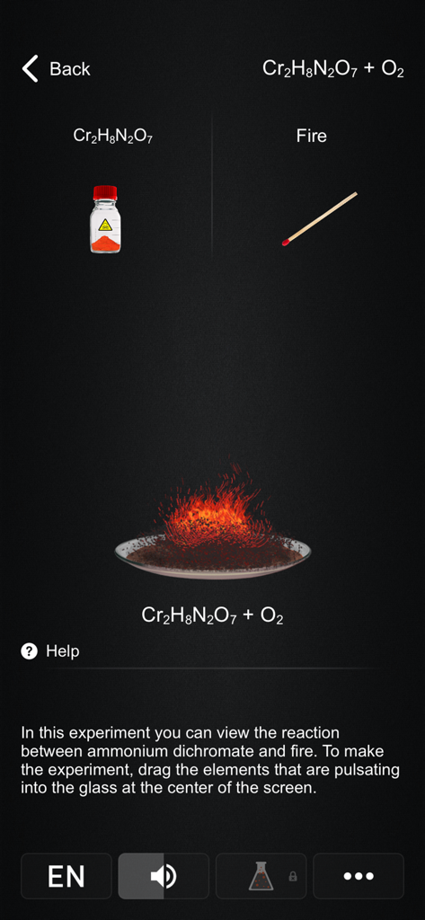An interactive virtual laboratory experiment showing a chemical reaction between ammonium dichromate and fire