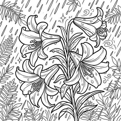 Discover the serene beauty of trumpet lilies gracefully adorned with raindrops on this unique coloring page. Perfect for unwinding and adding your personal touch to a tranquil rainy day scene.