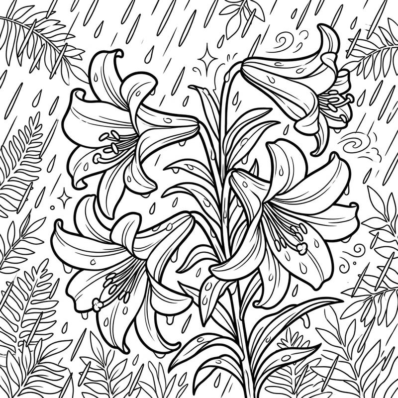Discover the serene beauty of trumpet lilies gracefully adorned with raindrops on this unique coloring page. Perfect for unwinding and adding your personal touch to a tranquil rainy day scene.