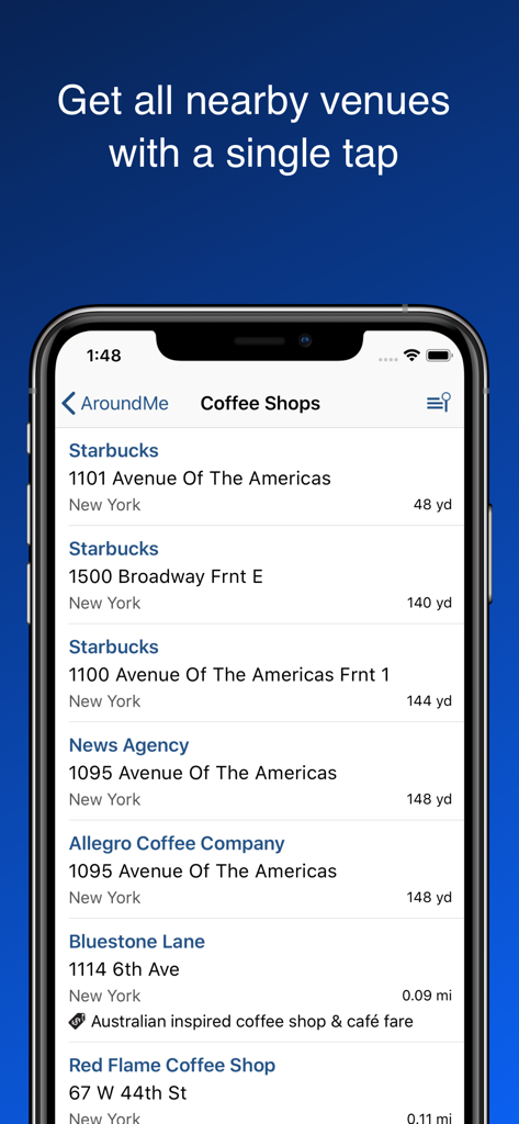 AroundMe App-Oberfläche, die eine Liste von nahegelegenen Cafés und ihre Entfernungen in New York zeigt