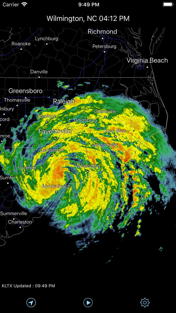 Radar Pro - Radar Pro app showing NEXRAD Level 3 weather data with storm tracking over North Carolina