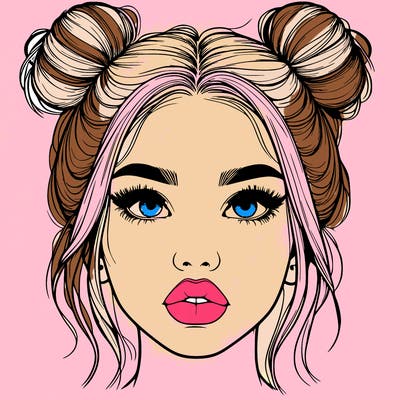 realistic girl with two buns on her hair and lips