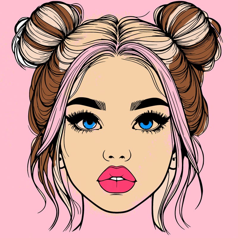 realistic girl with two buns on her hair and lips