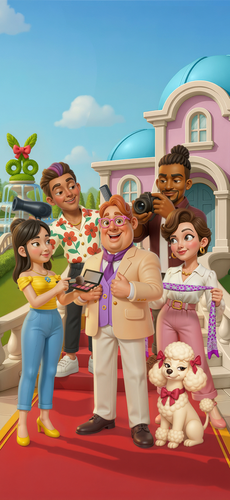 Glow Tales: Merge & Makeover - The main characters and a poodle from Glow Tales Merge and Makeover posing on a red carpet in front of their salon.