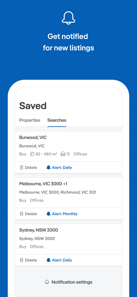 Realcommercial.com.au - シドニーとメルボルンの日次および月次の通知アラート設定を含む、保存された商業用不動産検索を示すモバイルアプリのインターフェース。