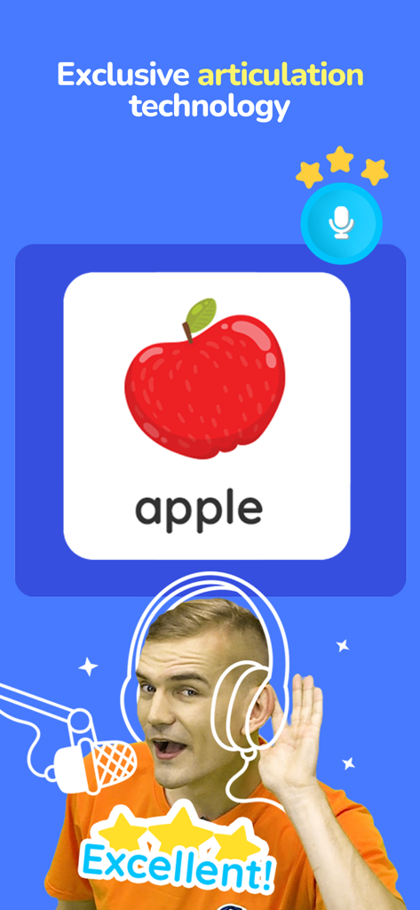 Babilala: Tiếng Anh Online - Interfaz de la aplicación Babilala que muestra tecnología de articulación exclusiva para que los niños practiquen la pronunciación en inglés con una ilustración visual de una manzana.