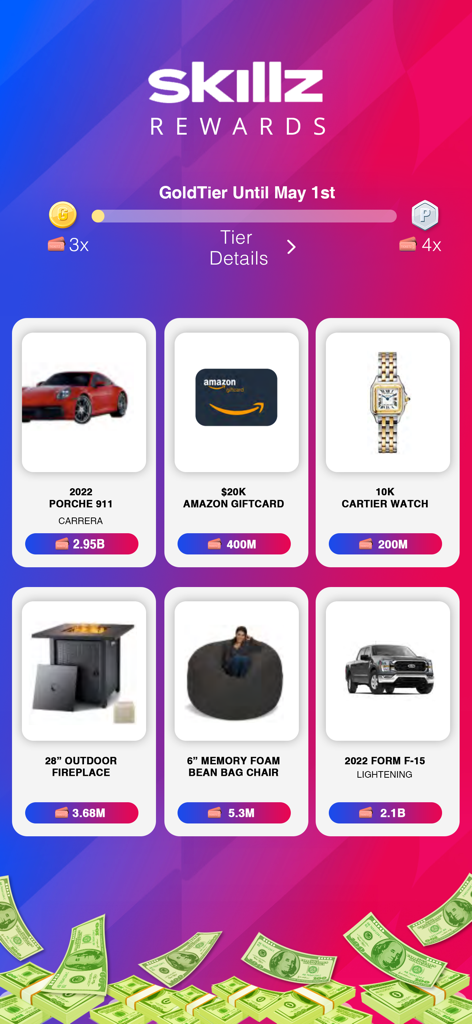 Skillz rewards screen in Spin Wheel Blitz displaying high-value prizes including a Porsche 911, Amazon gift cards, and luxury watches.