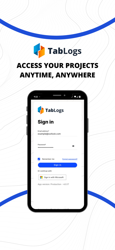 TabLogs - TabLogs mobile app sign in screen with email and Microsoft login options