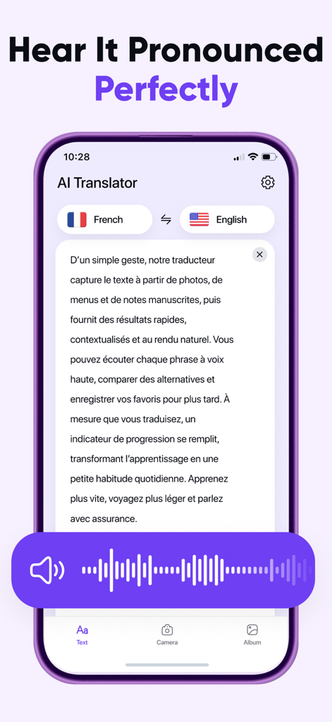 AI Translator: Voice & Photos - Smartphone screen showing the AI Translator app with French to English text translation and a voice waveform graphic
