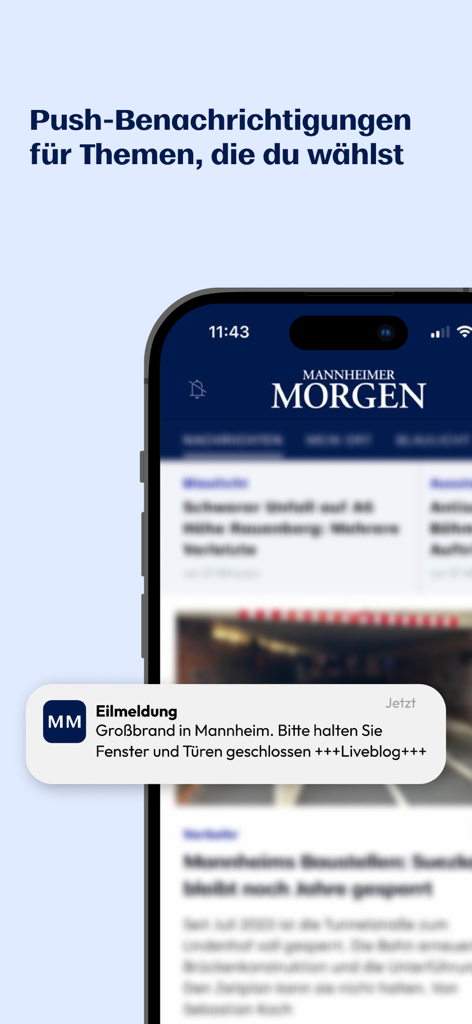 MM News app interface showing a push notification banner for breaking news in Mannheim
