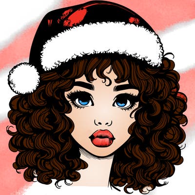 realistic girl with a santa hat curly hair and lips