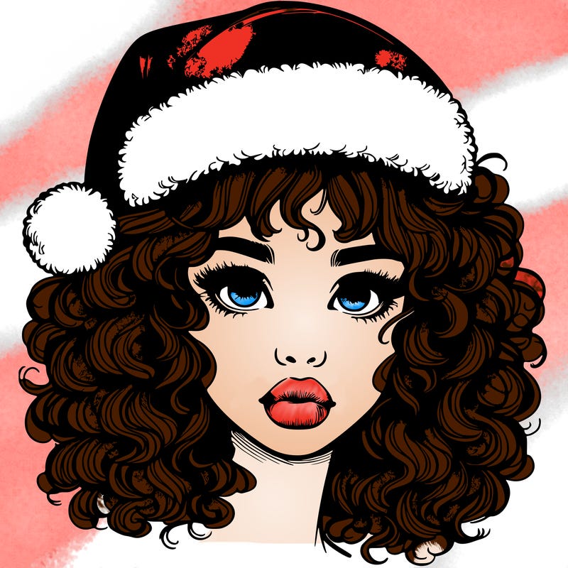 realistic girl with a santa hat curly hair and lips
