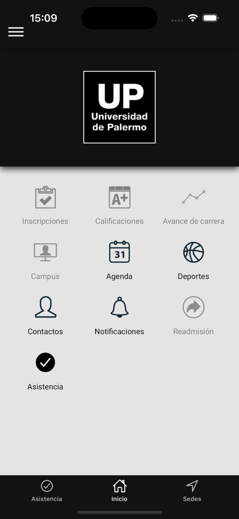 A tela inicial do aplicativo móvel MyUP exibindo um menu de serviços acadêmicos para estudantes da Universidad de Palermo