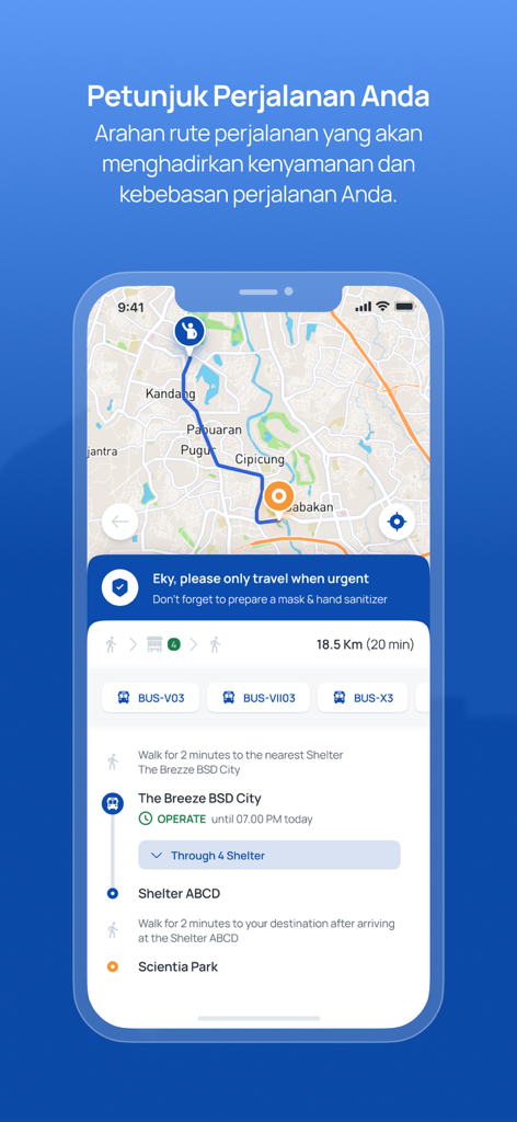 Trans Tangerang Ayo app interface showing a bus route map and travel directions