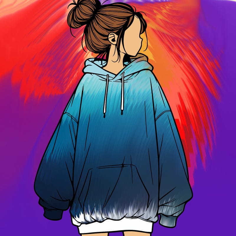 realistic girl with a oversized sweatshirt on and a bun