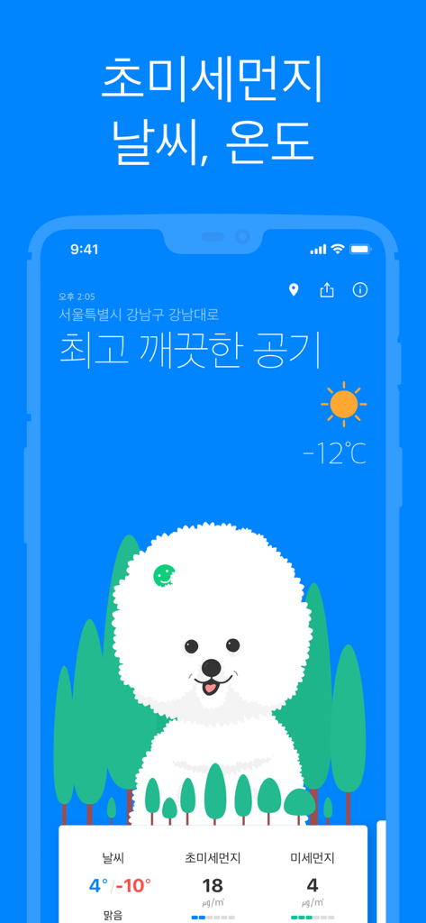 A Korean weather app screen showing air quality levels with a cute white dog illustration.