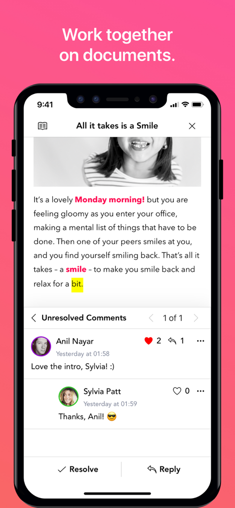 Zoho Writer - Document Editor - Zoho Writer mobile app interface showing real-time document collaboration with user comments and replies.