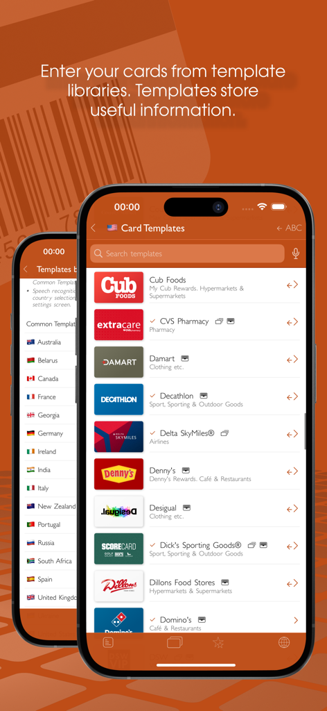 Oberfläche der Store Cards App, die eine Bibliothek von Treuekartenvorlagen von verschiedenen Einzelhändlern zeigt.