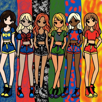 a group of girls wearing crop tops and shorts