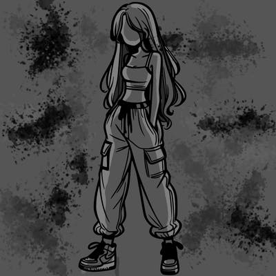 girl in baggy pants crop top and long hair