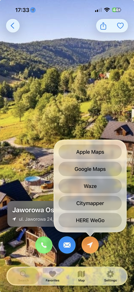 Meteor24 여행 앱의 폴란드 숙박 시설 내비게이션 옵션