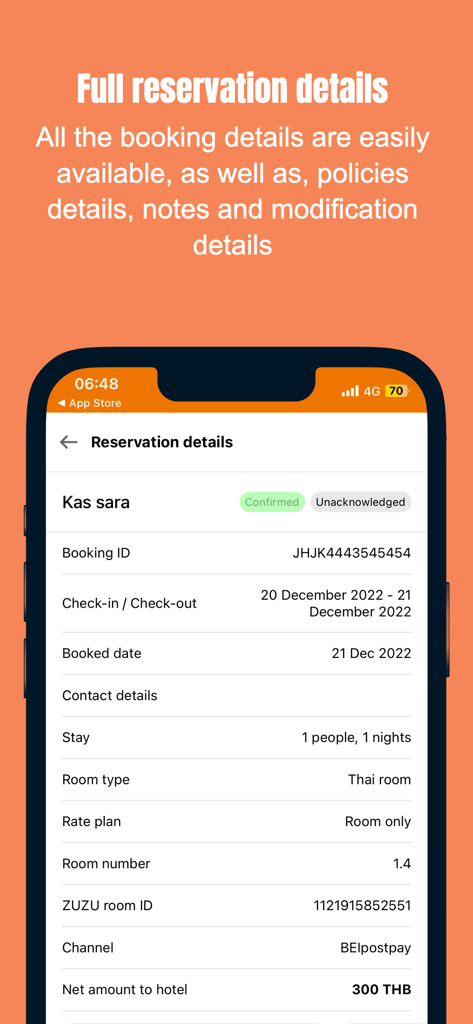 ZUZU HMS - ZUZU HMS app screen showing full hotel reservation details and booking info