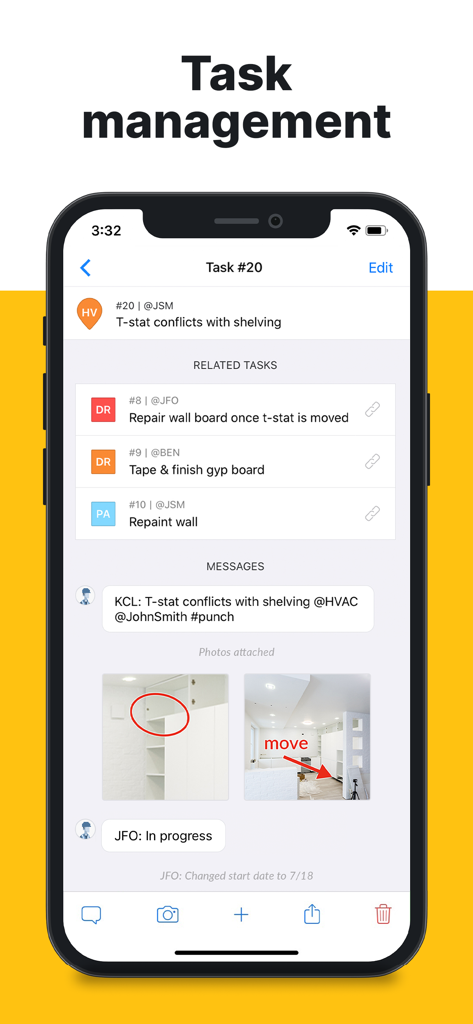 Fieldwire - Construction App - Fieldwire app task management interface showing project task details related tasks and site photos