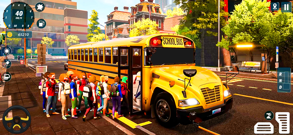 School Bus Driving Game 3D - A 3D simulation of a yellow school bus picking up students at a city bus stop