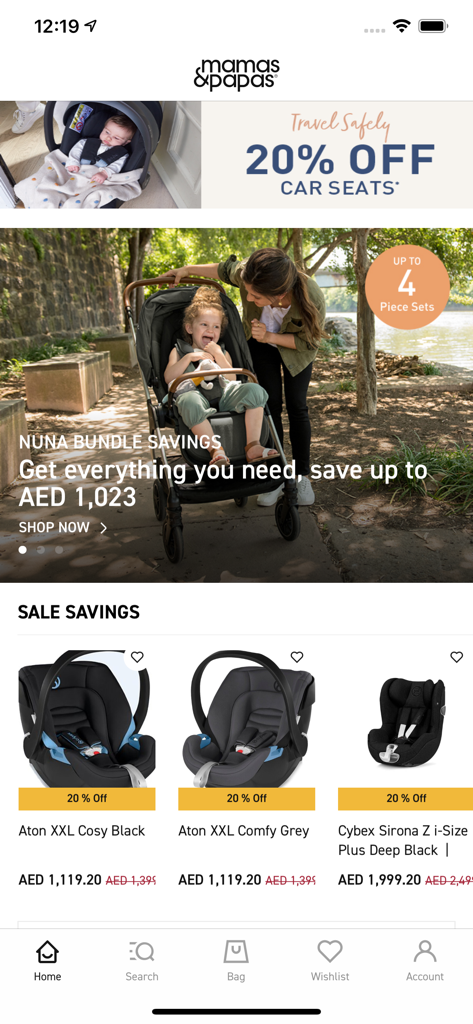 Mamas und Papas mobile App-Oberfläche mit Angeboten für Kindersitze und Kinderwagen